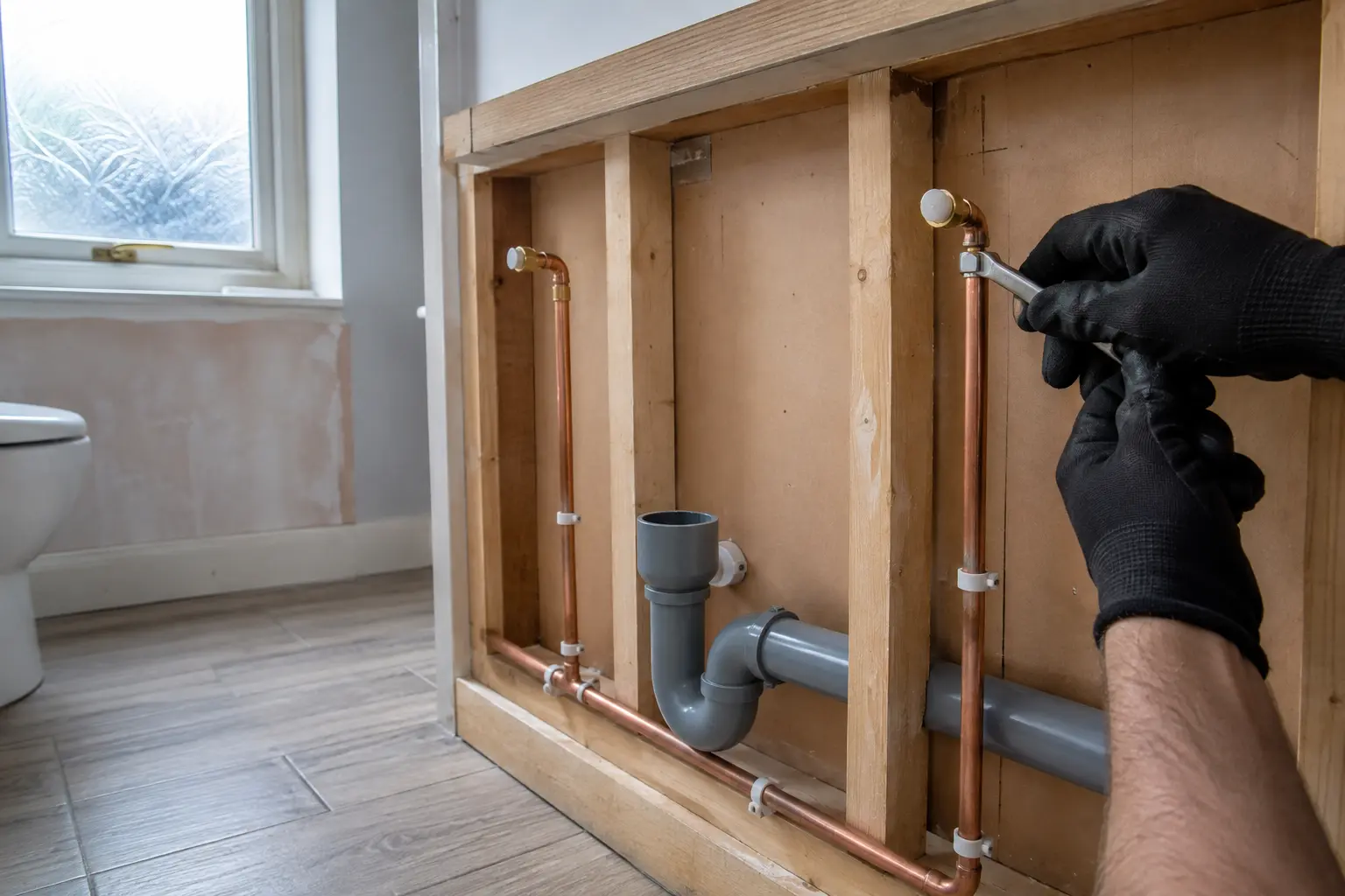 Bathroom fitter checking new water and waste pipework before the vanity wall is closed
