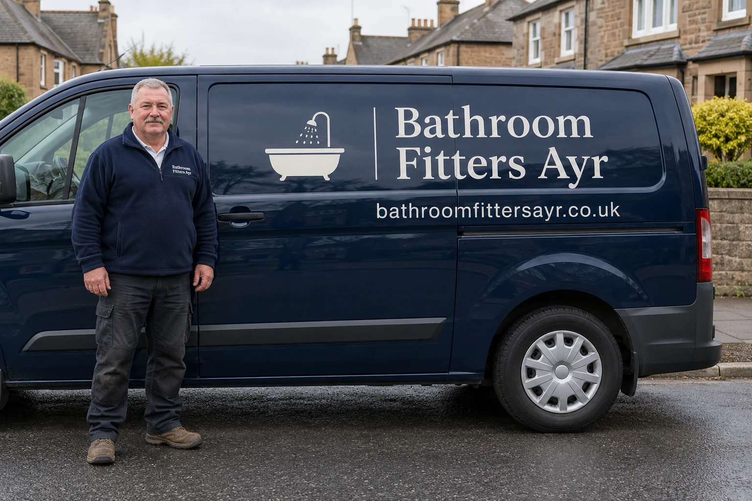 A man in workwear beside a professionally signwritten Bathroom Fitters Ayr van