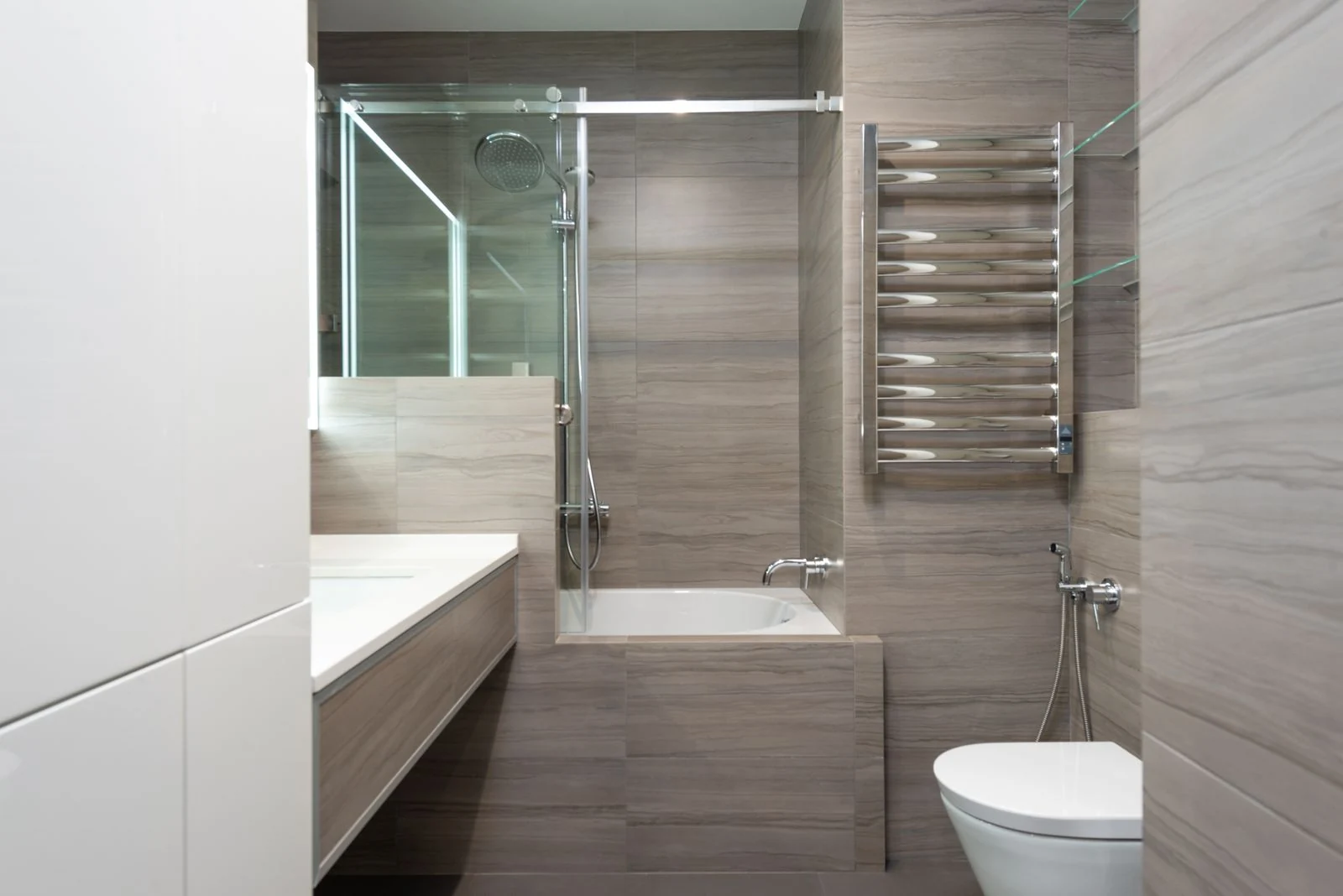 Elegant bathroom featuring modern design, sleek fixtures, and neutral tones for a calming retreat