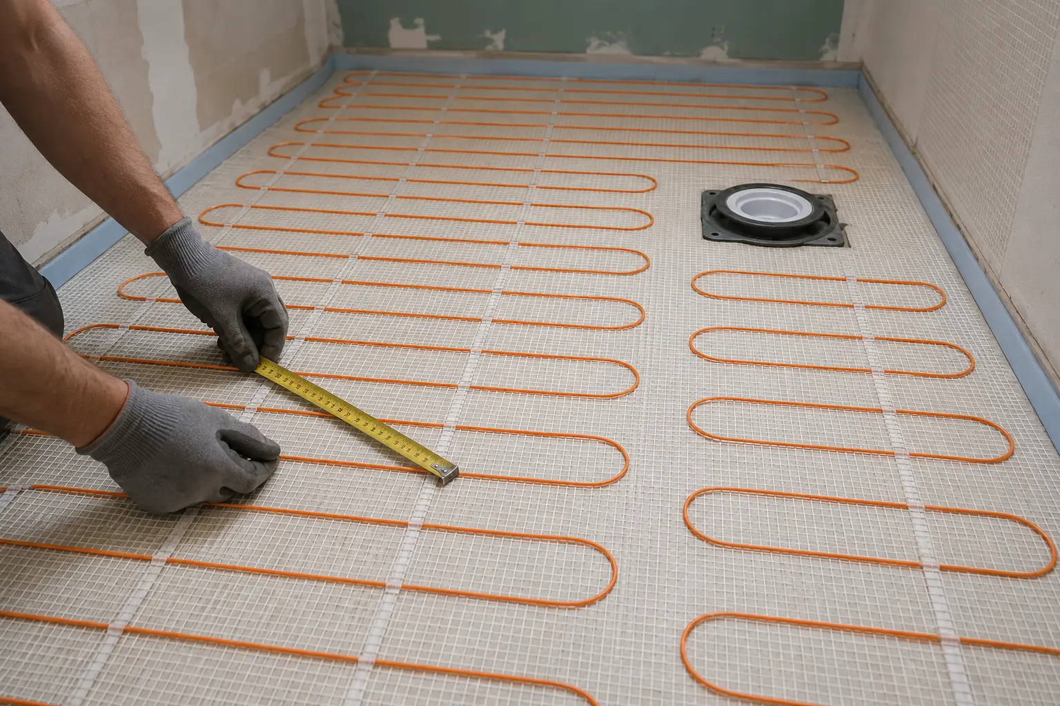 Electric underfloor heating mat being measured before bathroom tiling